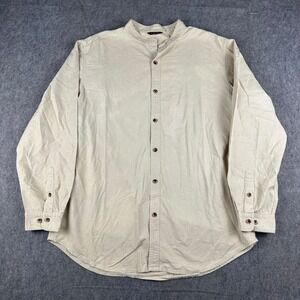 J Peterman Men's XL Button Up Shirt Poet Mandarin Band Collar Long Sleeve FLAWS*